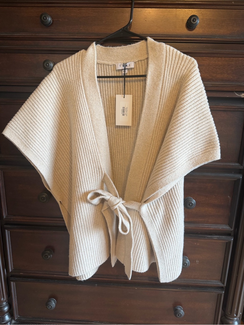 THML Beige Ribbed Tie-Front Cardigan Sweater